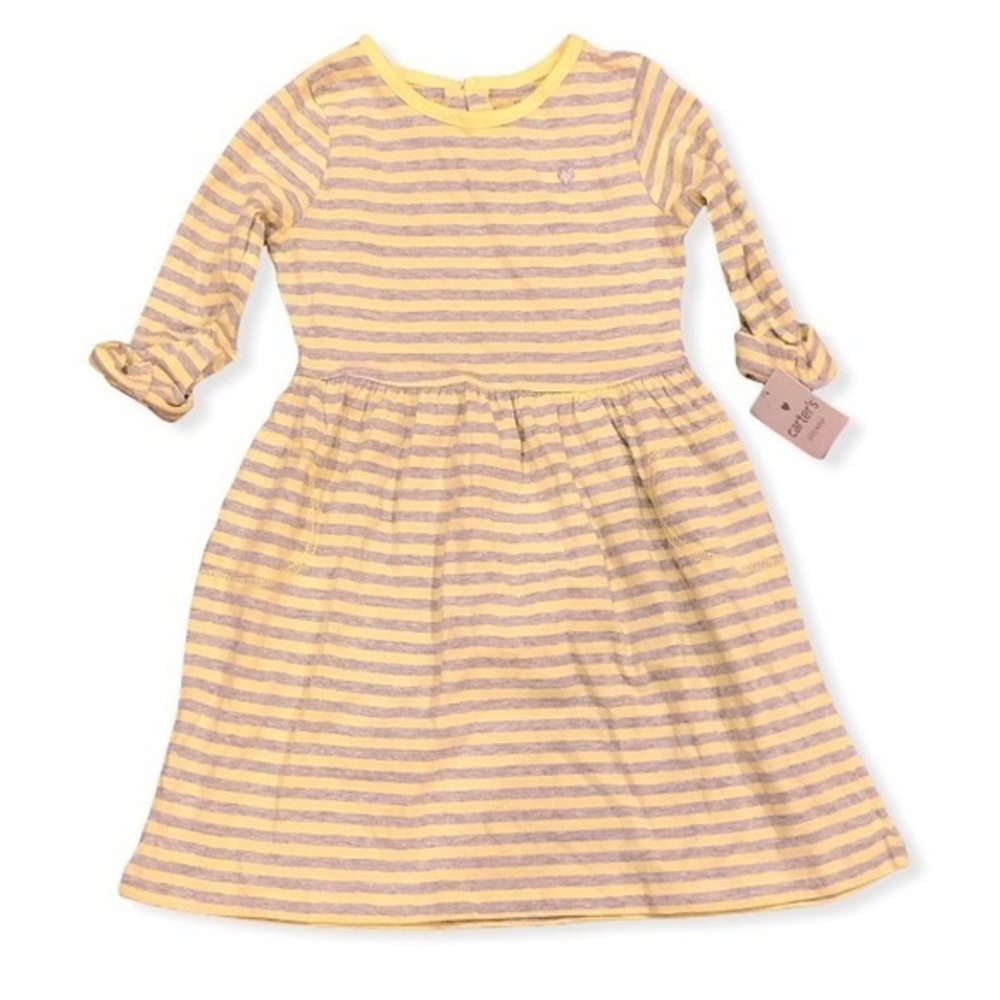 5 for $25 ❄️ Carter’s Bright‎ Yellow and Gray Striped Dress 4T NWT